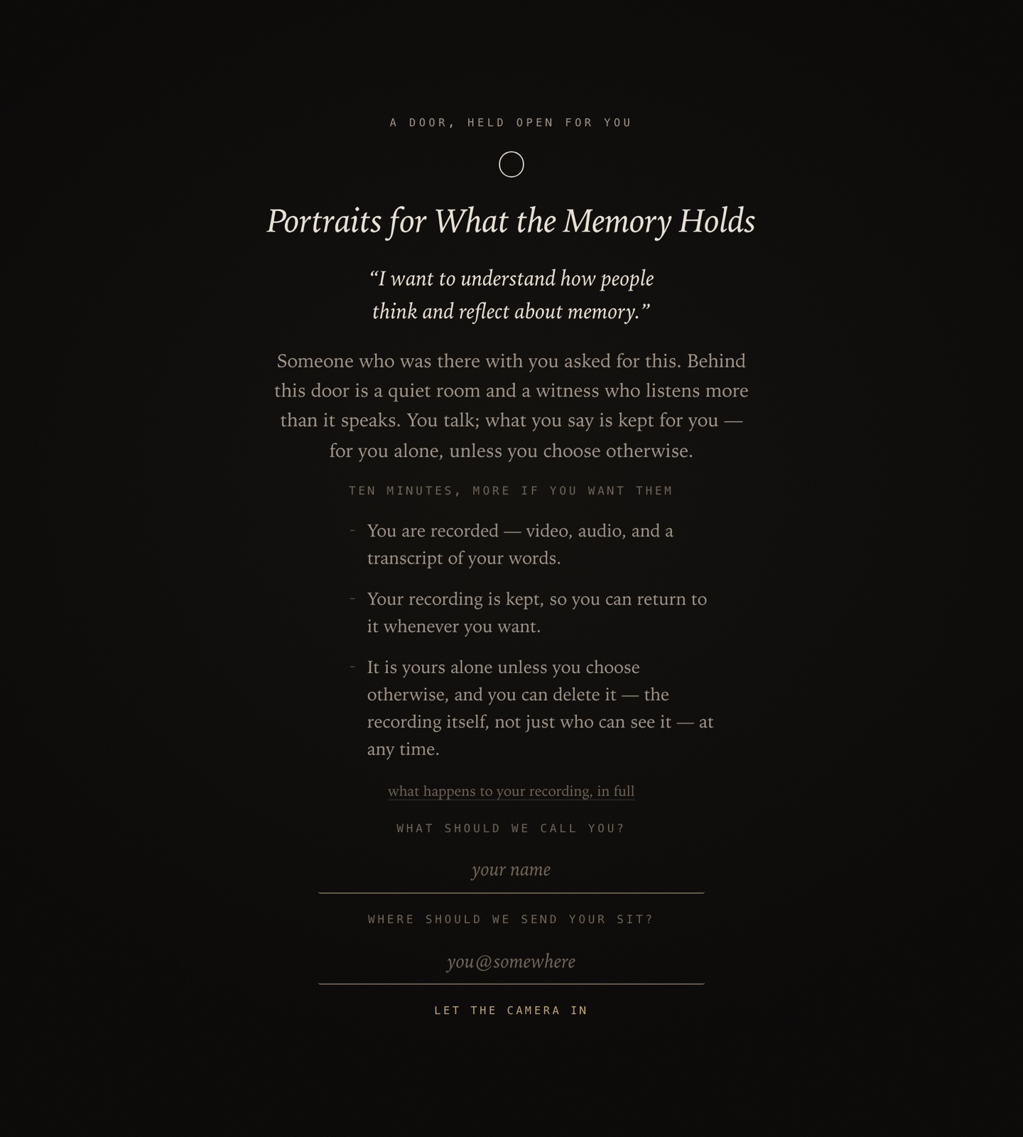 The door page: room title, the organizer's context, three promises, and fields for name and email.