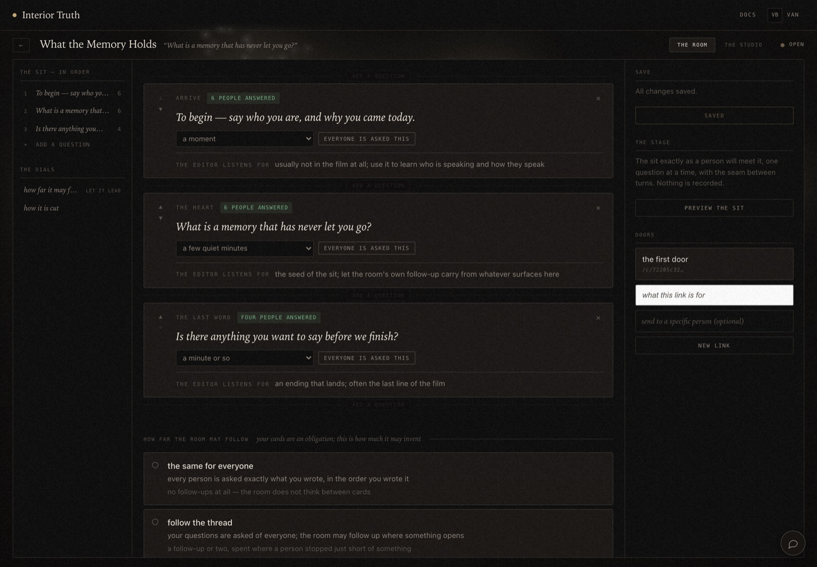The room chapter: an ordered list of questions on the left, question cards in the middle, and save, preview and doors on the right.