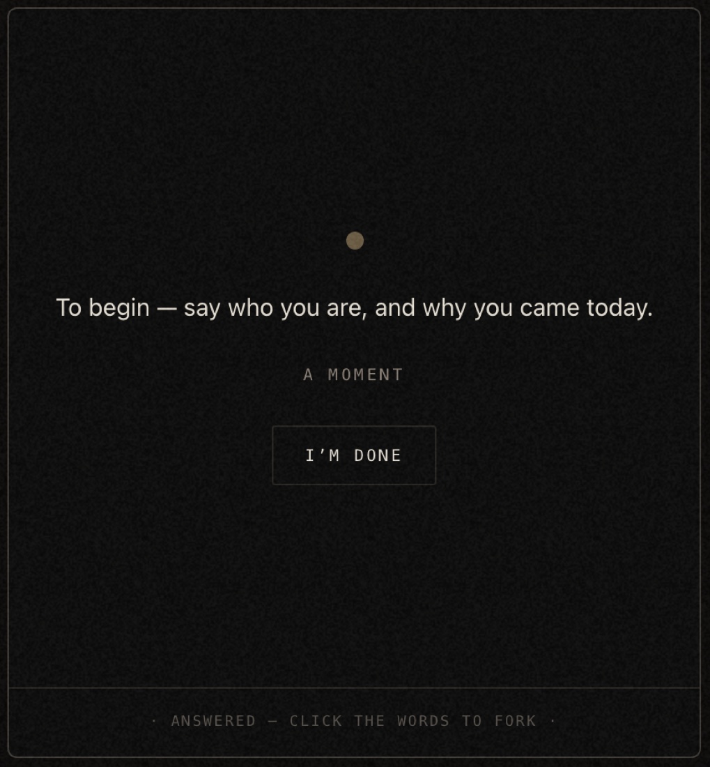 The sit: a question in the centre of a dark frame, a duration label, and an I'm done button.
